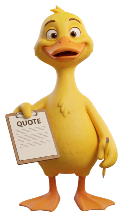 Quack, the QuackQuotes duck, holding a clipboard labeled QUOTE